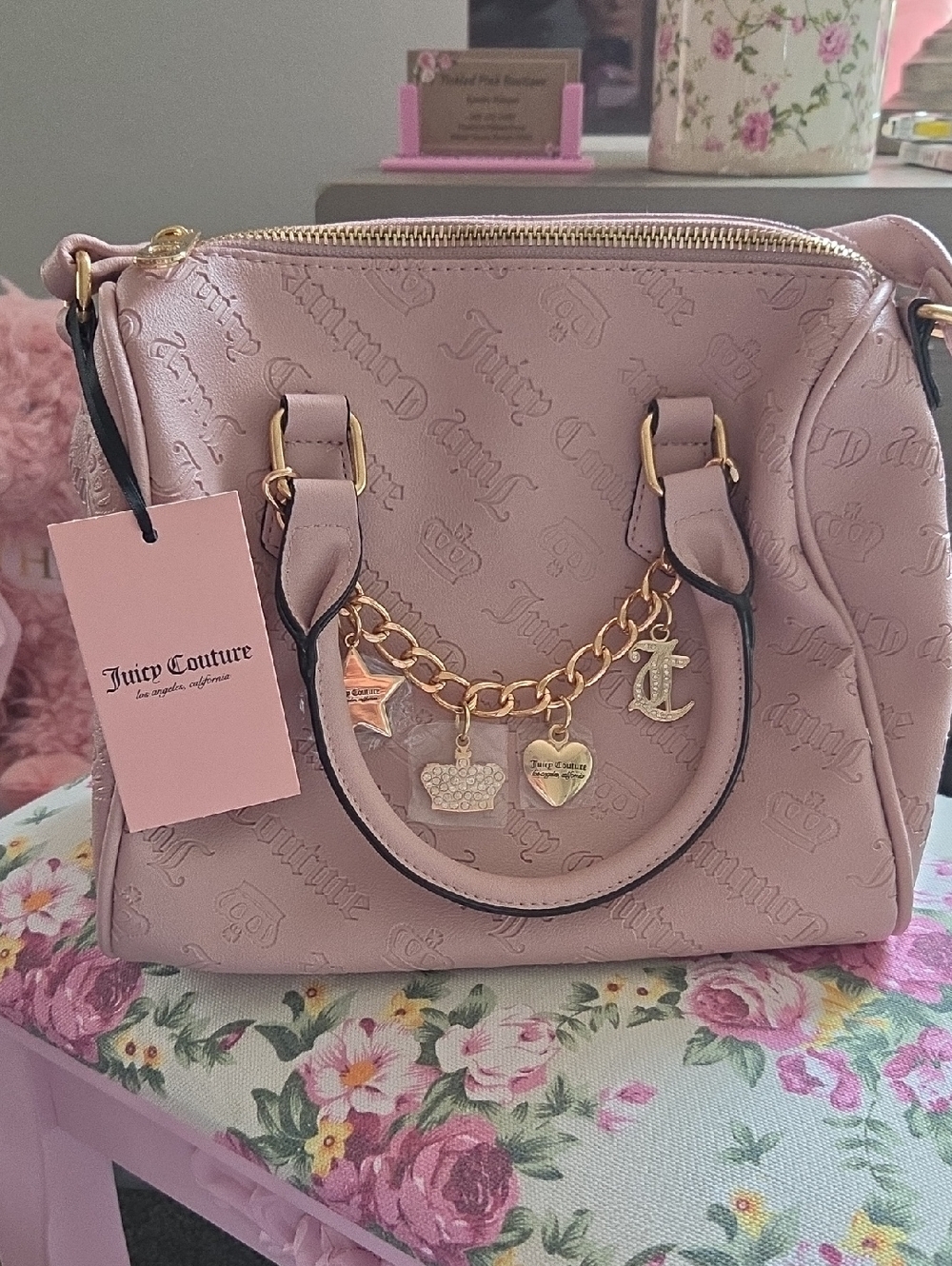 Juicy Couture Blush Pink Embossed Charm Satchel with Gold Chain